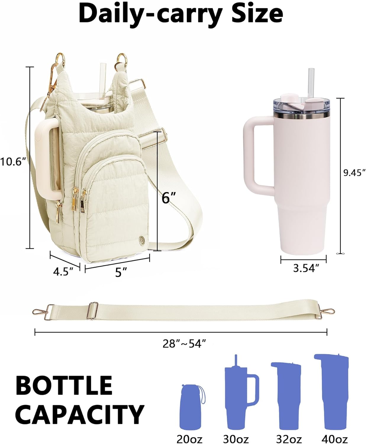 Water Bottle Holder with Strap 30/32 oz, Crossbody Water Bottle Carrier Bag | Lightweiht Quilted Bottle Sling Bag, RFID Phone Pocket, Hands-free for Gym Hiking Walking Travel