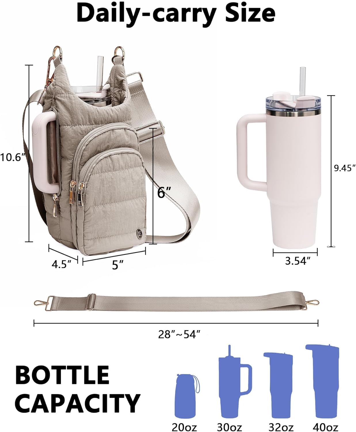 Water Bottle Holder with Strap 30/32 oz, Crossbody Water Bottle Carrier Bag | Lightweiht Quilted Bottle Sling Bag, RFID Phone Pocket, Hands-free for Gym Hiking Walking Travel