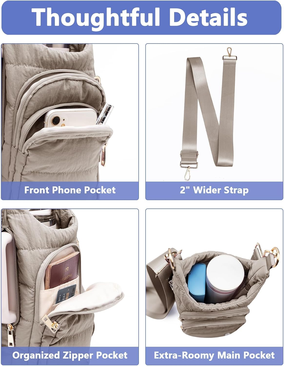 Water Bottle Holder with Strap 30/32 oz, Crossbody Water Bottle Carrier Bag | Lightweiht Quilted Bottle Sling Bag, RFID Phone Pocket, Hands-free for Gym Hiking Walking Travel