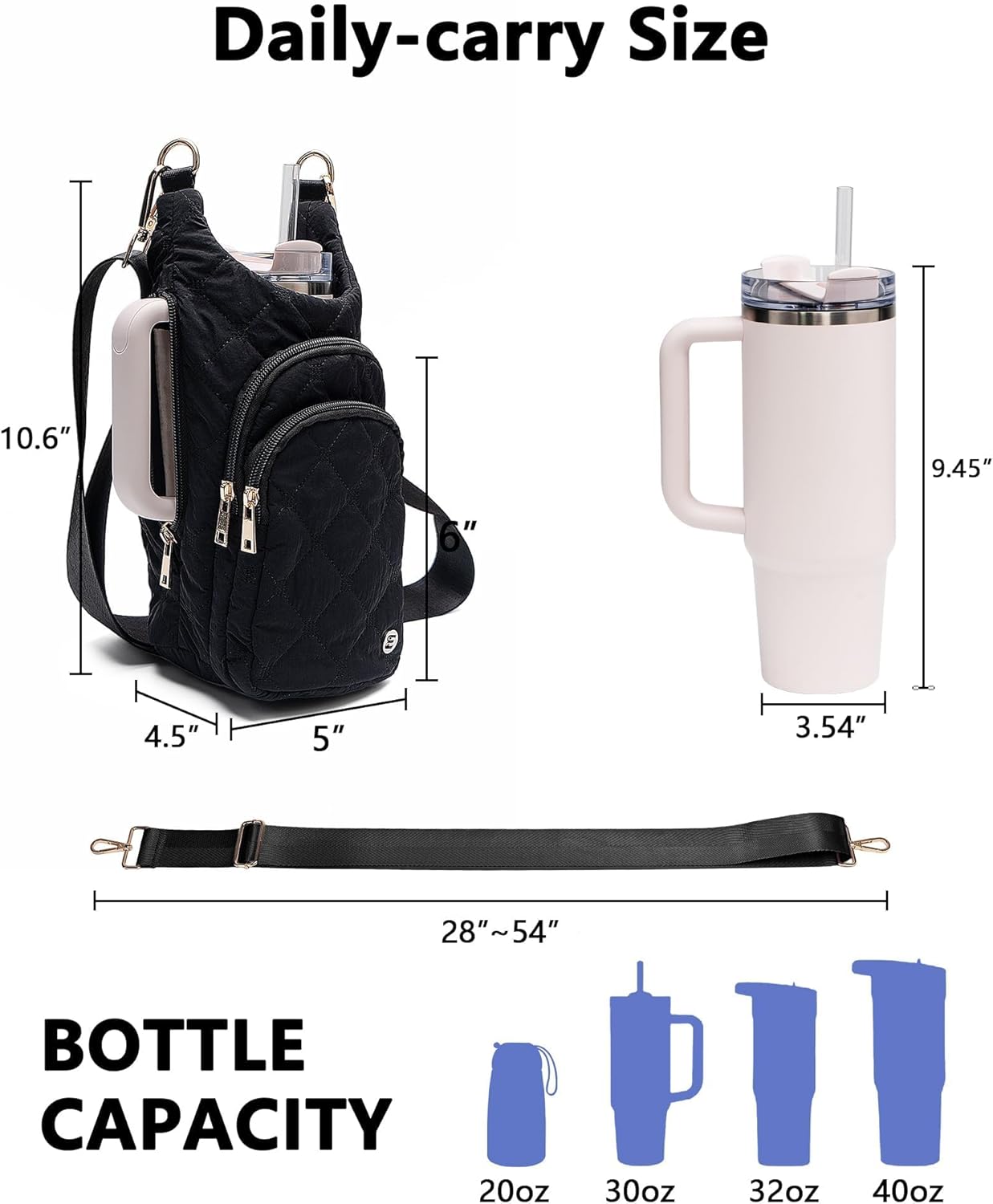 Water Bottle Holder with Strap 30/32 oz, Crossbody Water Bottle Carrier Bag | Lightweiht Quilted Bottle Sling Bag, RFID Phone Pocket, Hands-free for Gym Hiking Walking Travel