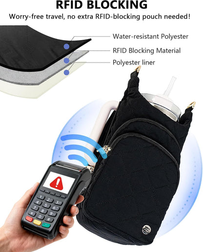 Water Bottle Holder with Strap 30/32 oz, Crossbody Water Bottle Carrier Bag | Lightweiht Quilted Bottle Sling Bag, RFID Phone Pocket, Hands-free for Gym Hiking Walking Travel