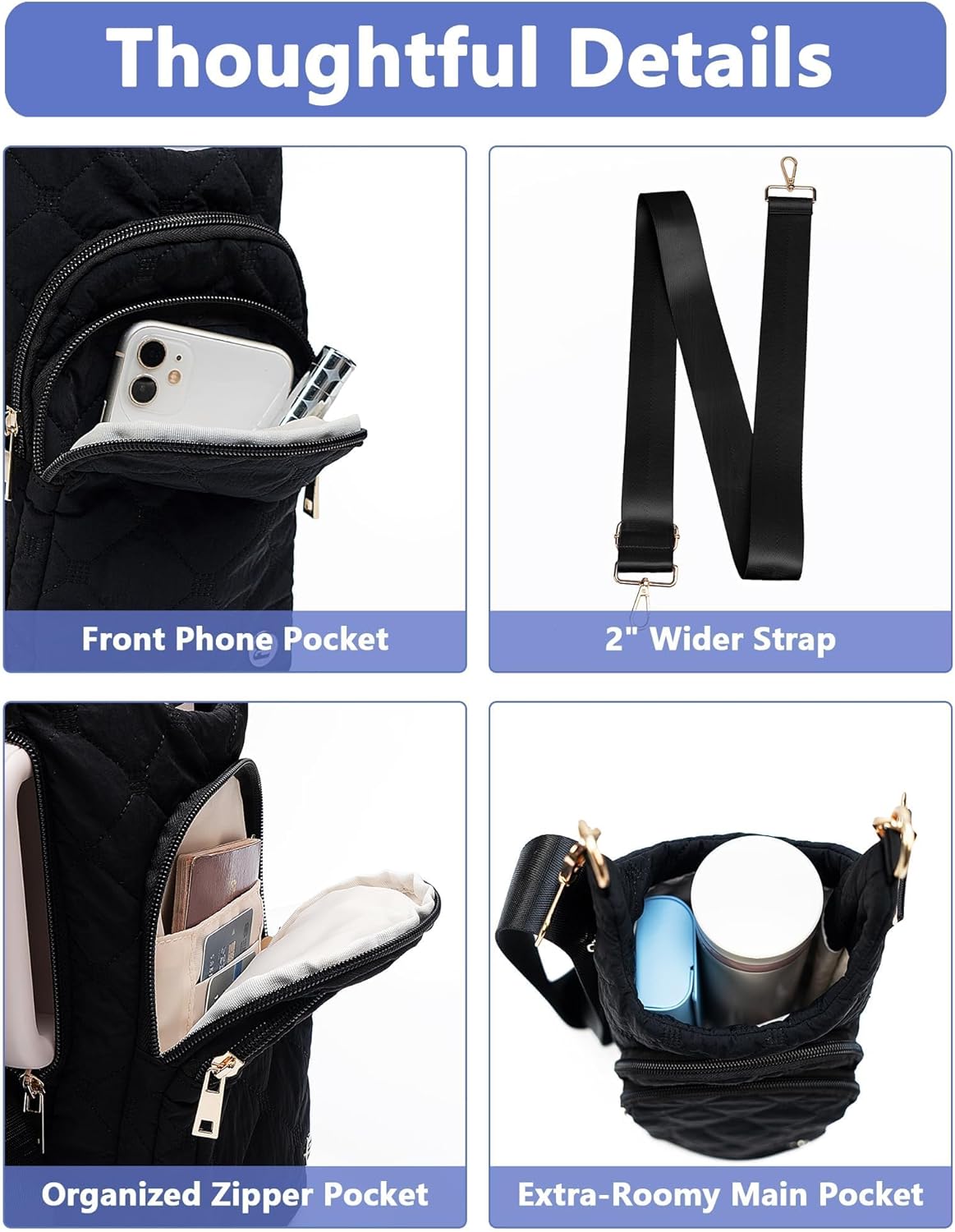 Water Bottle Holder with Strap 30/32 oz, Crossbody Water Bottle Carrier Bag | Lightweiht Quilted Bottle Sling Bag, RFID Phone Pocket, Hands-free for Gym Hiking Walking Travel