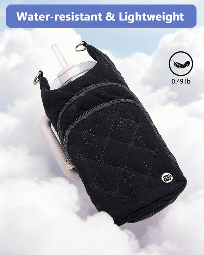 Water Bottle Holder with Strap 30/32 oz, Crossbody Water Bottle Carrier Bag | Lightweiht Quilted Bottle Sling Bag, RFID Phone Pocket, Hands-free for Gym Hiking Walking Travel