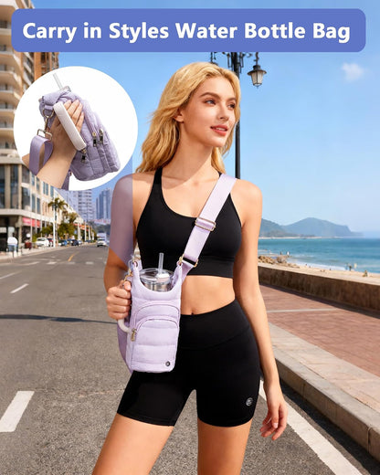 Water Bottle Holder with Strap 30/32 oz, Crossbody Water Bottle Carrier Bag | Lightweiht Quilted Bottle Sling Bag, RFID Phone Pocket, Hands-free for Gym Hiking Walking Travel