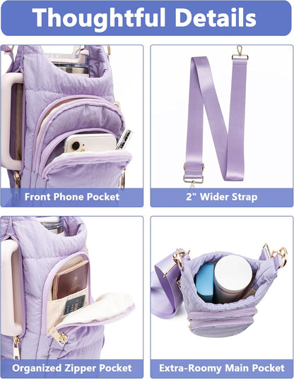 Water Bottle Holder with Strap 30/32 oz, Crossbody Water Bottle Carrier Bag | Lightweiht Quilted Bottle Sling Bag, RFID Phone Pocket, Hands-free for Gym Hiking Walking Travel