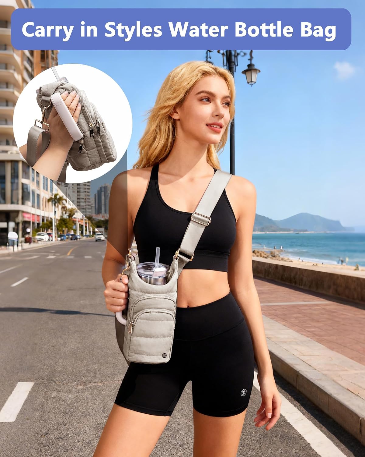 Water Bottle Holder with Strap 30/32 oz, Crossbody Water Bottle Carrier Bag | Lightweiht Quilted Bottle Sling Bag, RFID Phone Pocket, Hands-free for Gym Hiking Walking Travel