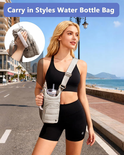 Water Bottle Holder with Strap 30/32 oz, Crossbody Water Bottle Carrier Bag | Lightweiht Quilted Bottle Sling Bag, RFID Phone Pocket, Hands-free for Gym Hiking Walking Travel