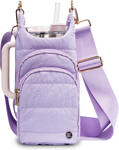 Water Bottle Holder with Strap 30/32 oz, Crossbody Water Bottle Carrier Bag | Lightweiht Quilted Bottle Sling Bag, RFID Phone Pocket, Hands-free for Gym Hiking Walking Travel