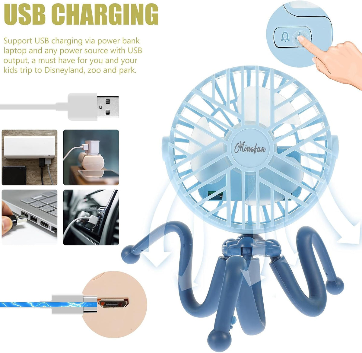 USB Clip on Stroller Fan with Flexible Tripod 3 Gears Blue