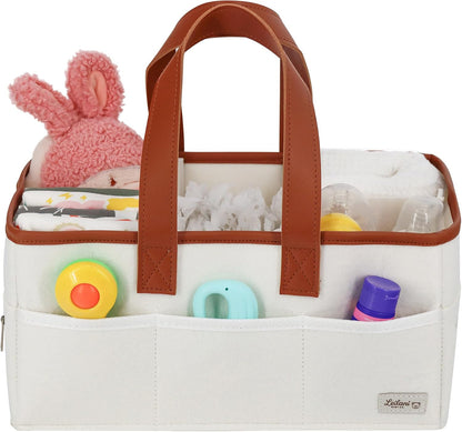 Baby Diaper Caddy Organizer, Portable Nursery Storage Basket with Handles and Removable Dividers, Felt Organizer for Diapers, Wipes, Toys and Essentials