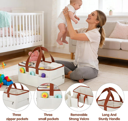 Baby Diaper Caddy Organizer, Portable Nursery Storage Basket with Handles and Removable Dividers, Felt Organizer for Diapers, Wipes, Toys and Essentials