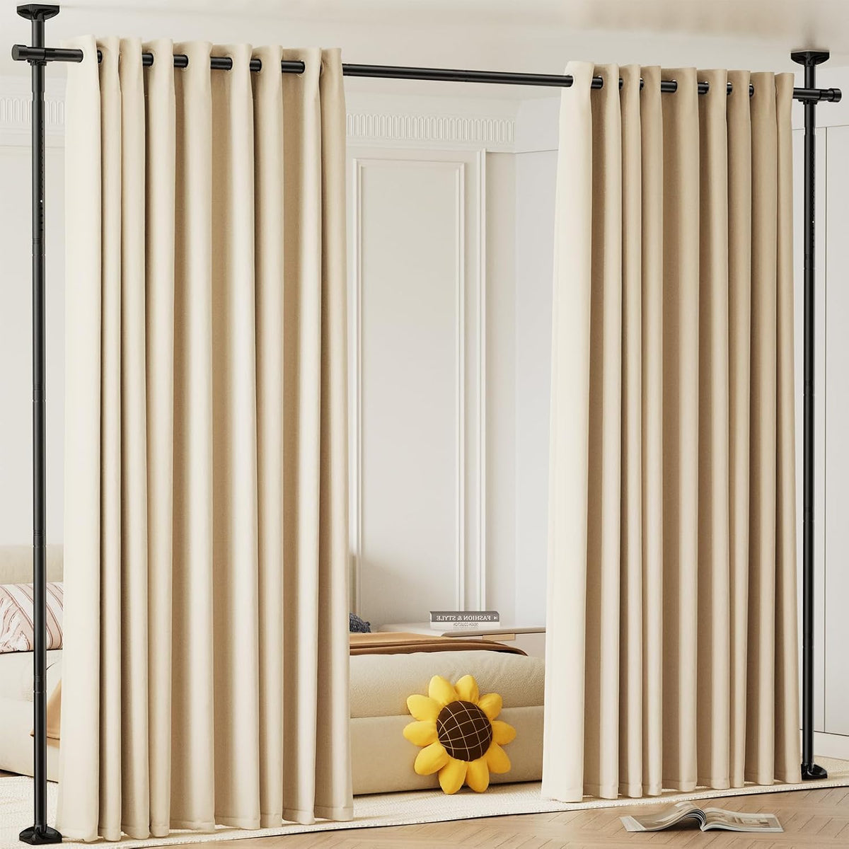 Room Divider No Drilling Curtain Rod Wall Divider for Room Separation White