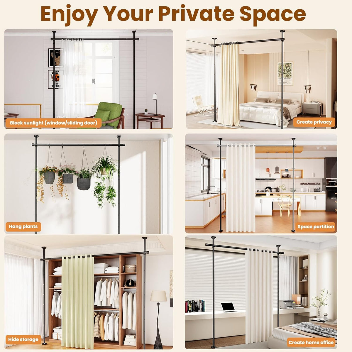 Room Divider No Drilling Curtain Rod Wall Divider for Room Separation White