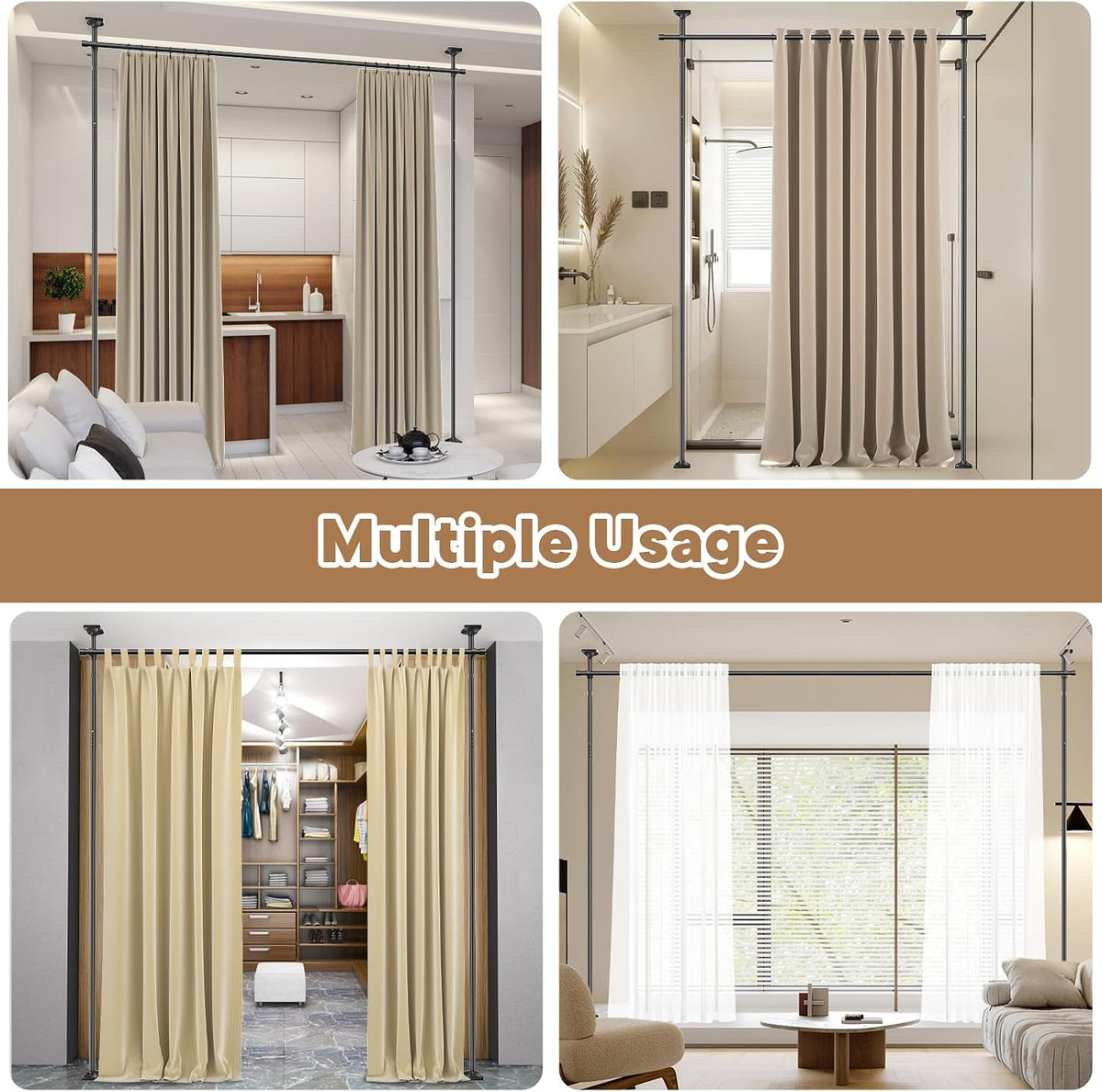 Room Divider No Drilling Curtain Rod Wall Divider for Room Separation White