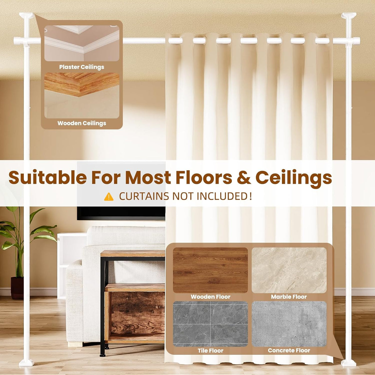Room Divider No Drilling Curtain Rod Wall Divider for Room Separation White
