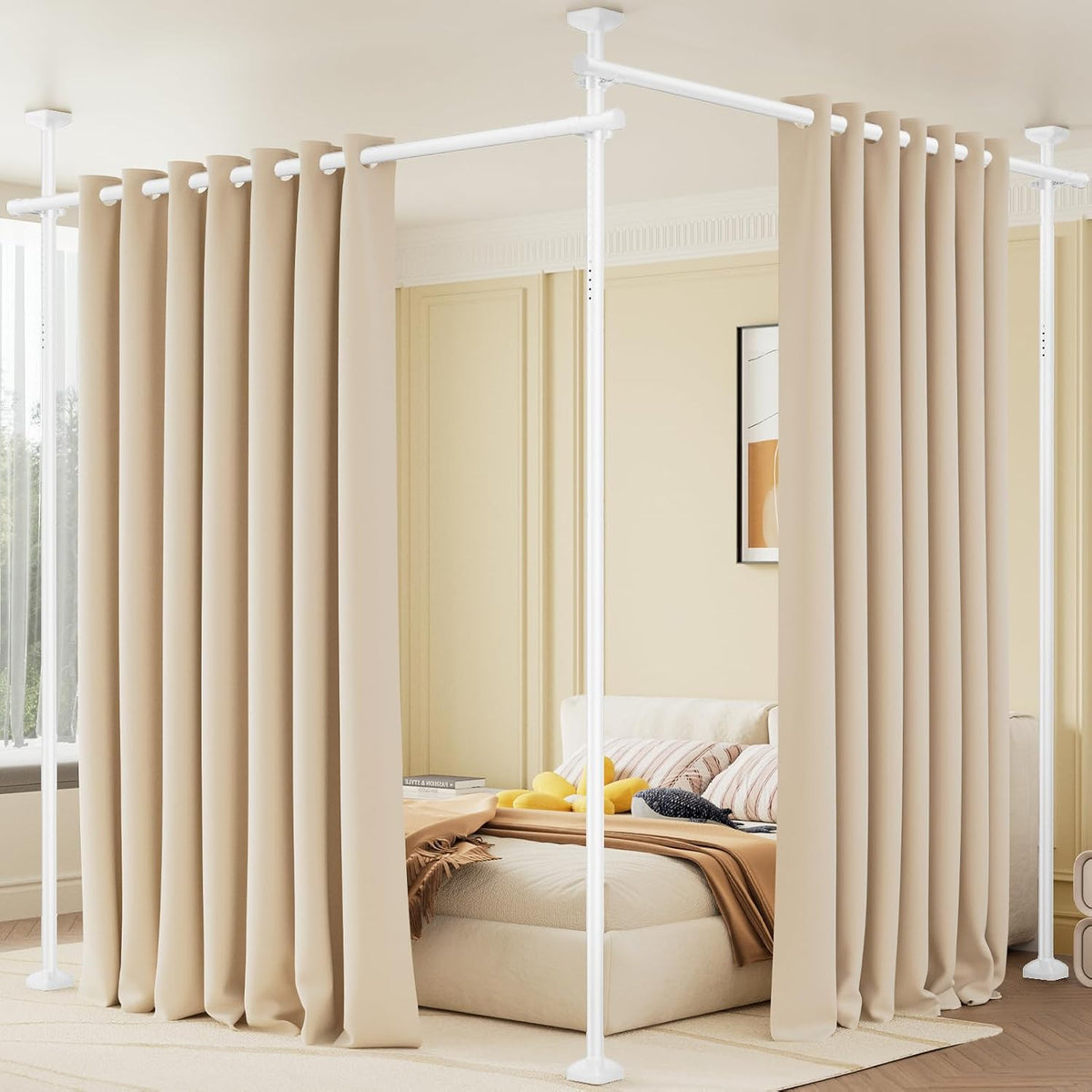 Room Divider No Drilling Curtain Rod Wall Divider for Room Separation White