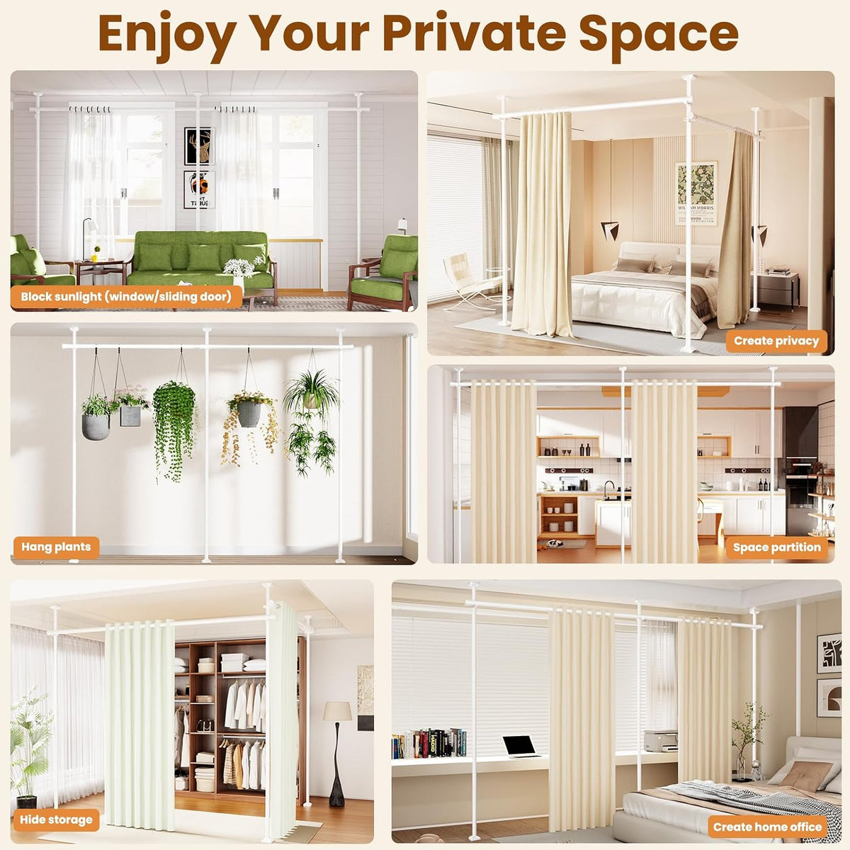 Room Divider No Drilling Curtain Rod Wall Divider for Room Separation White