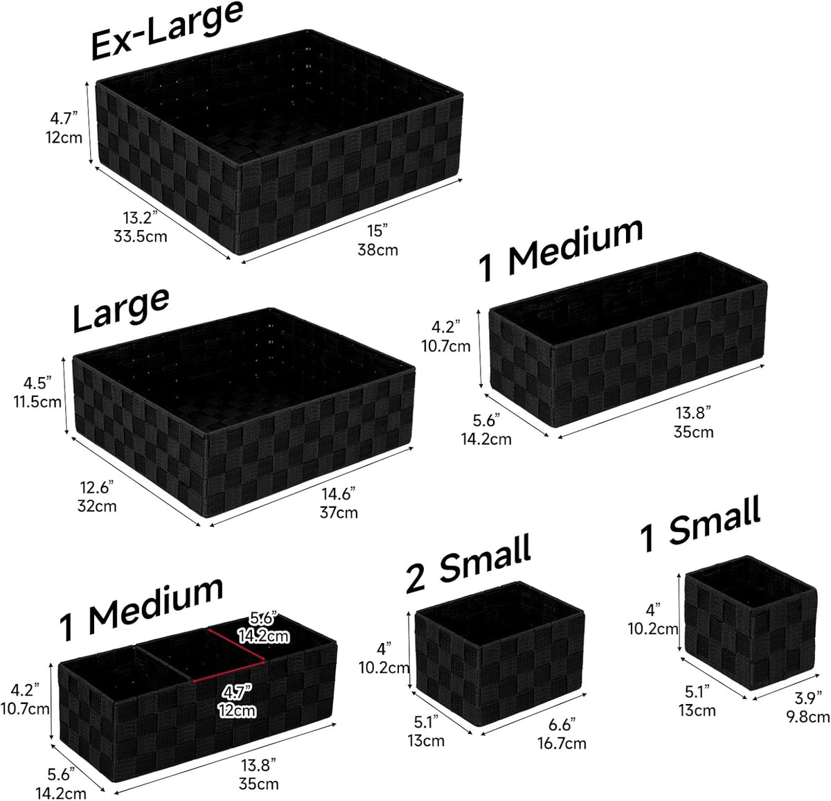 Set of 7 Nested Woven Cube Baskets, Drawer Organizers in Multi-sizes