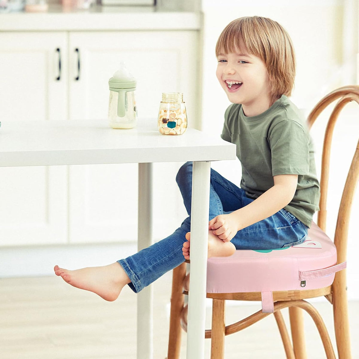 Toddler Booster Seat for Dining Table, Portable Kids Booster Seat with Safety Buckles Portable Increasing Booster Cushion with Non-Slip Bottom (Blue Dinosaur)