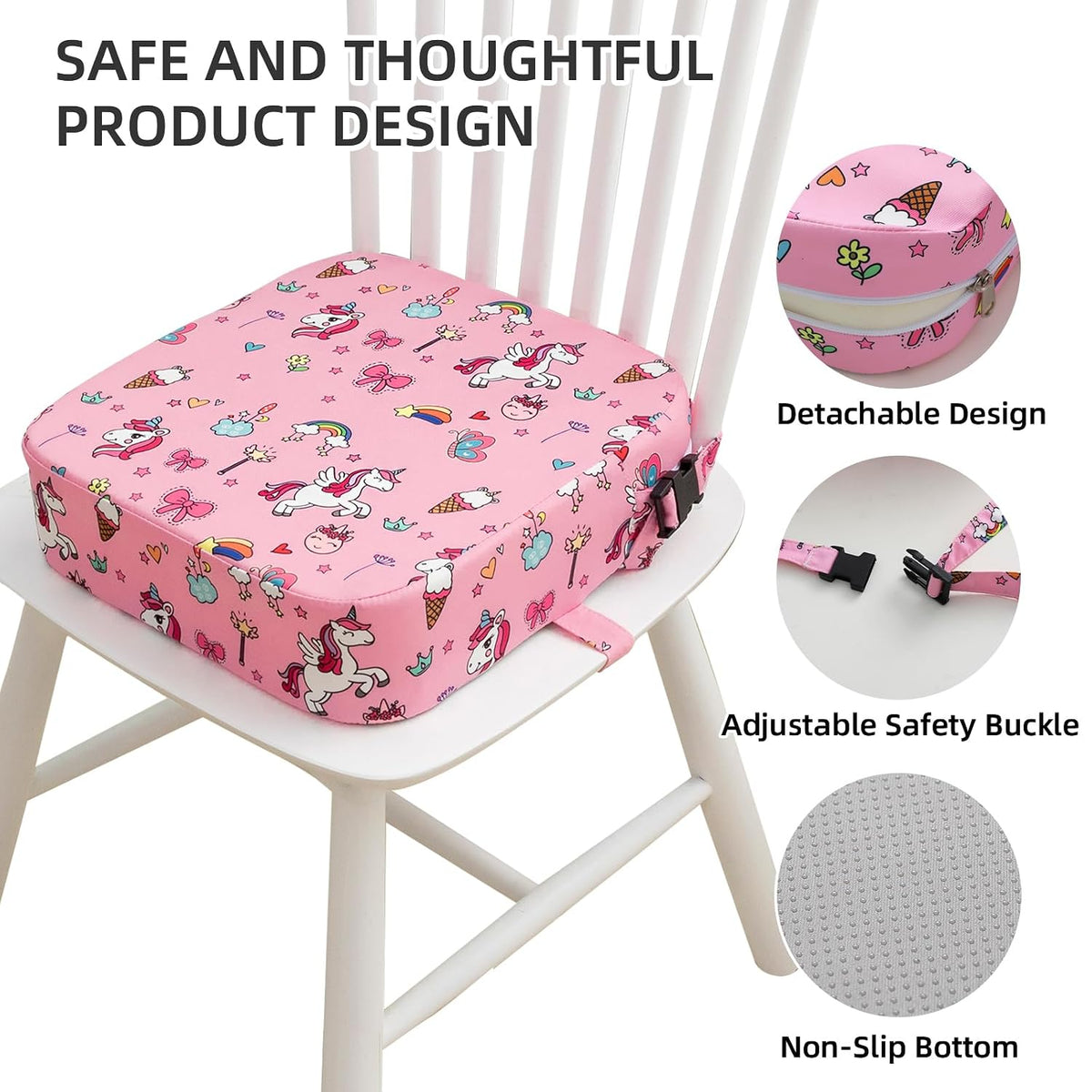 Toddler Booster Seat for Dining Table, Portable Kids Booster Seat with Safety Buckles Portable Increasing Booster Cushion with Non-Slip Bottom (Blue Dinosaur)