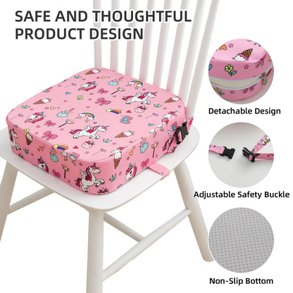 Toddler Booster Seat for Dining Table, Portable Kids Booster Seat with Safety Buckles Portable Increasing Booster Cushion with Non-Slip Bottom (Blue Dinosaur)