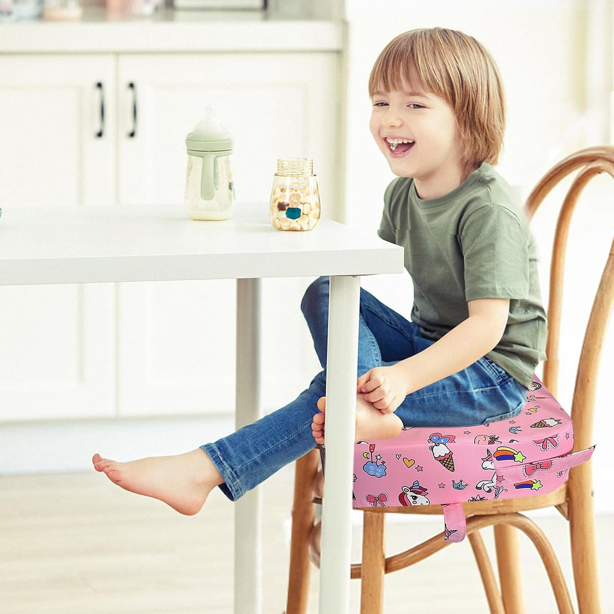 Toddler Booster Seat for Dining Table, Portable Kids Booster Seat with Safety Buckles Portable Increasing Booster Cushion with Non-Slip Bottom (Blue Dinosaur)