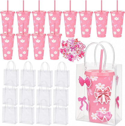 12 Set Checkered Bow Cherry Plastic Cups 16 oz Bow Cups with Lid and Straw, 12 Clear PVC Gift Bags, 300 Cute Stickers, Reusable Coquette Party Tumblers for Summer Wedding Gift(Pink)