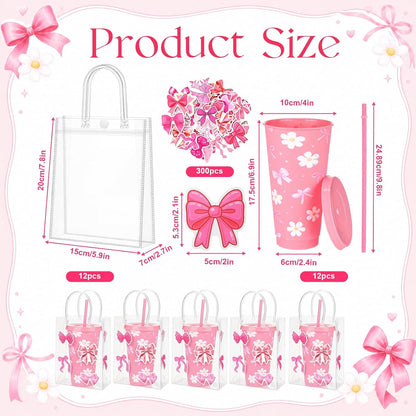 12 Set Checkered Bow Cherry Plastic Cups 16 oz Bow Cups with Lid and Straw, 12 Clear PVC Gift Bags, 300 Cute Stickers, Reusable Coquette Party Tumblers for Summer Wedding Gift(Pink)