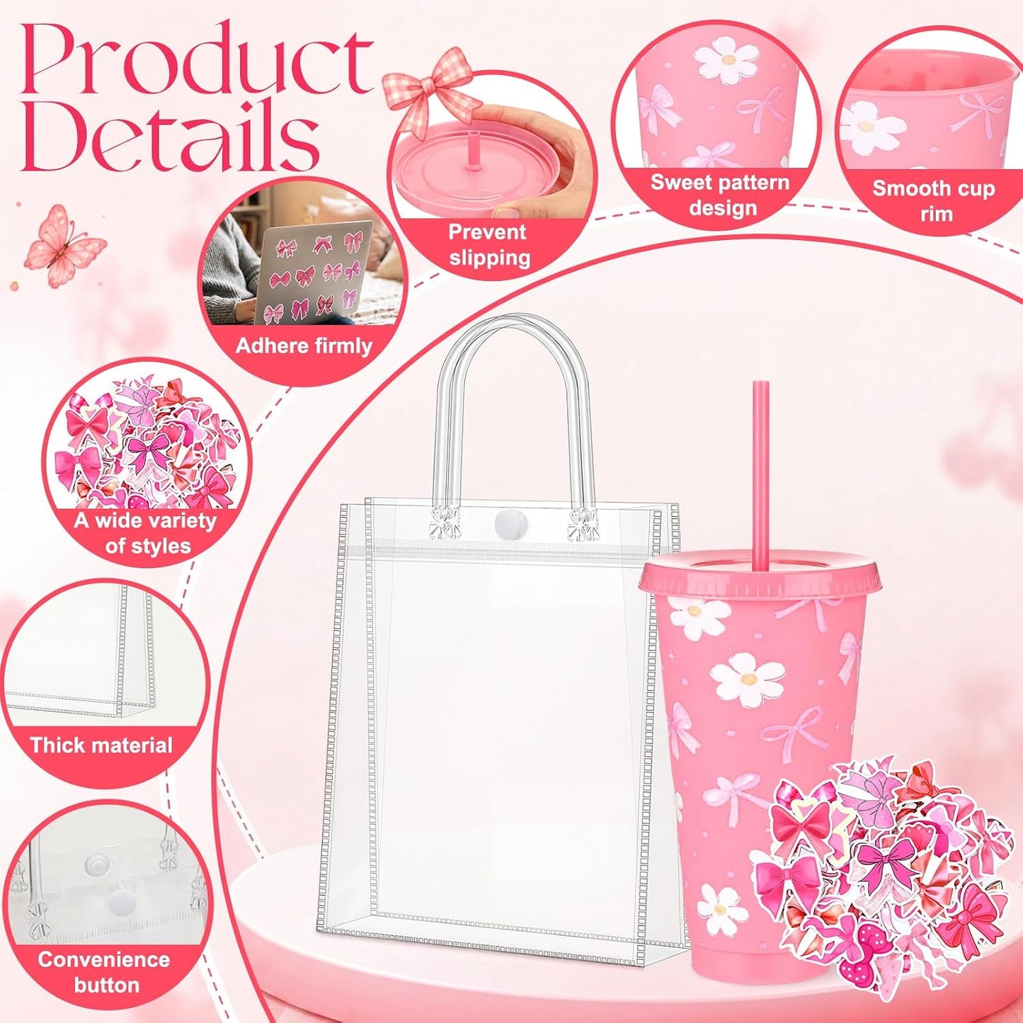 12 Set Checkered Bow Cherry Plastic Cups 16 oz Bow Cups with Lid and Straw, 12 Clear PVC Gift Bags, 300 Cute Stickers, Reusable Coquette Party Tumblers for Summer Wedding Gift(Pink)