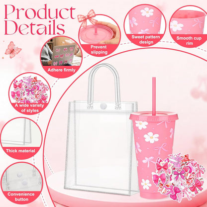12 Set Checkered Bow Cherry Plastic Cups 16 oz Bow Cups with Lid and Straw, 12 Clear PVC Gift Bags, 300 Cute Stickers, Reusable Coquette Party Tumblers for Summer Wedding Gift(Pink)