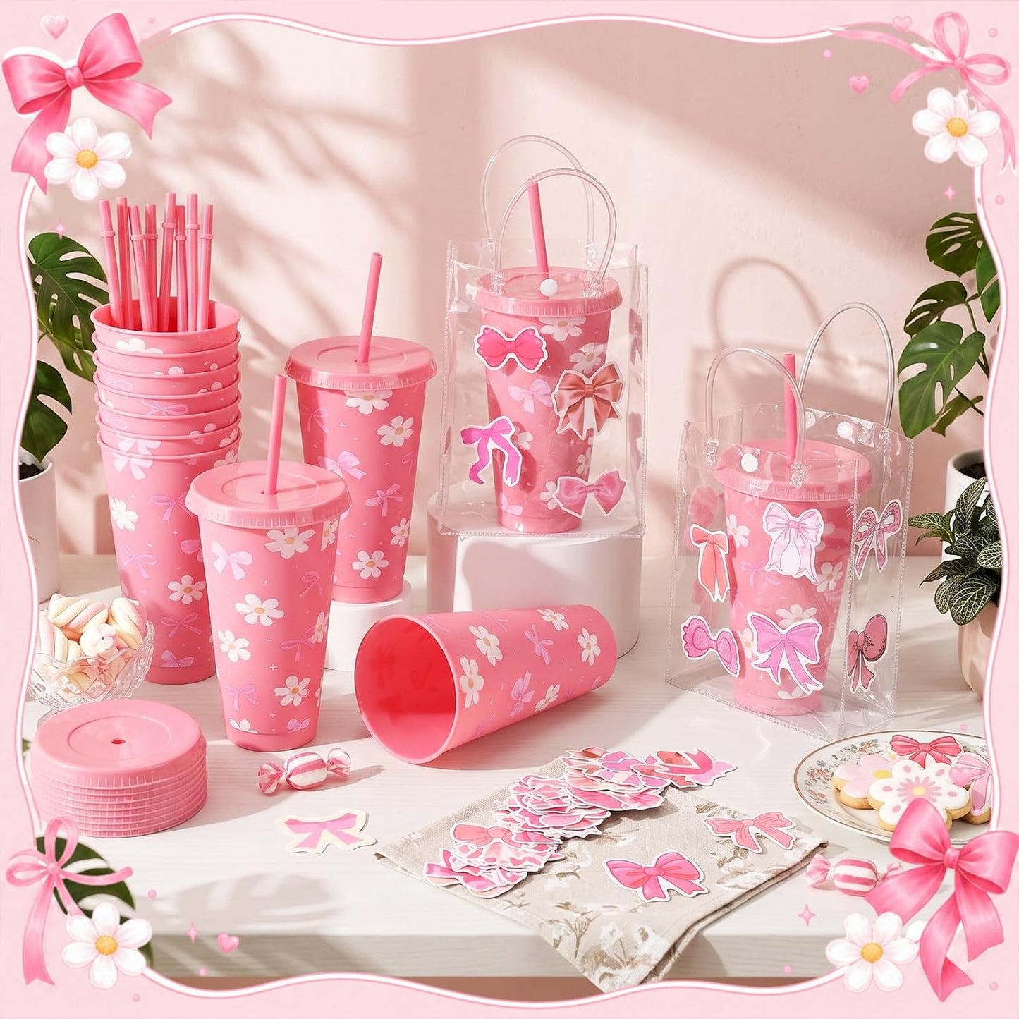 12 Set Checkered Bow Cherry Plastic Cups 16 oz Bow Cups with Lid and Straw, 12 Clear PVC Gift Bags, 300 Cute Stickers, Reusable Coquette Party Tumblers for Summer Wedding Gift(Pink)