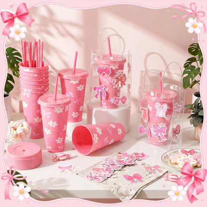 12 Set Checkered Bow Cherry Plastic Cups 16 oz Bow Cups with Lid and Straw, 12 Clear PVC Gift Bags, 300 Cute Stickers, Reusable Coquette Party Tumblers for Summer Wedding Gift(Pink)
