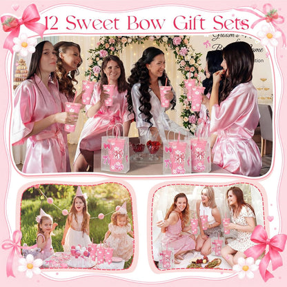 12 Set Checkered Bow Cherry Plastic Cups 16 oz Bow Cups with Lid and Straw, 12 Clear PVC Gift Bags, 300 Cute Stickers, Reusable Coquette Party Tumblers for Summer Wedding Gift(Pink)