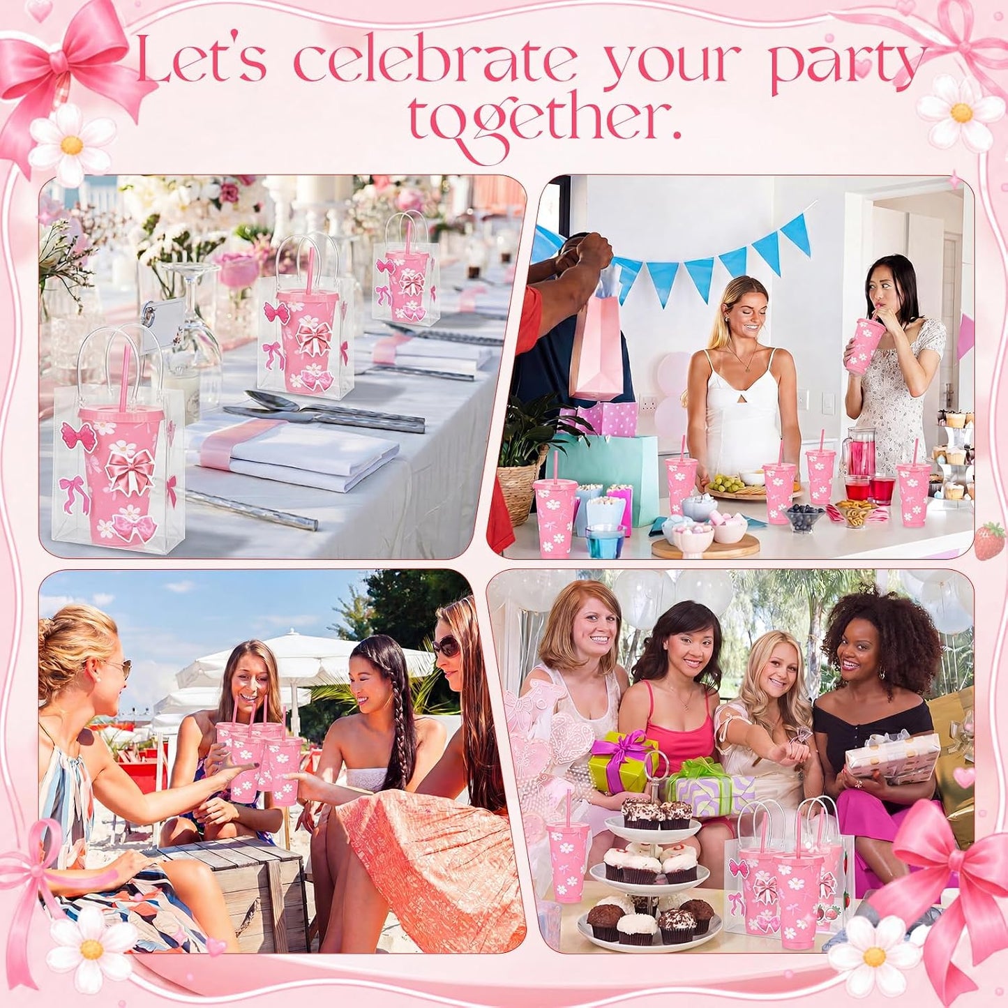 12 Set Checkered Bow Cherry Plastic Cups 16 oz Bow Cups with Lid and Straw, 12 Clear PVC Gift Bags, 300 Cute Stickers, Reusable Coquette Party Tumblers for Summer Wedding Gift(Pink)