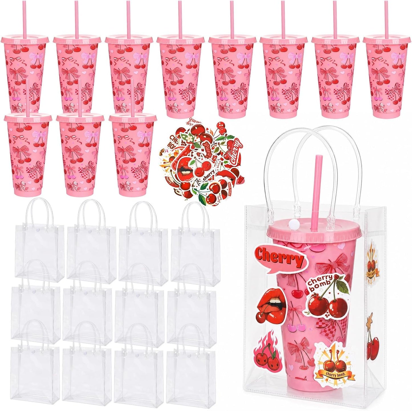 12 Set Checkered Bow Cherry Plastic Cups 16 oz Bow Cups with Lid and Straw, 12 Clear PVC Gift Bags, 300 Cute Stickers, Reusable Coquette Party Tumblers for Summer Wedding Gift(Pink)