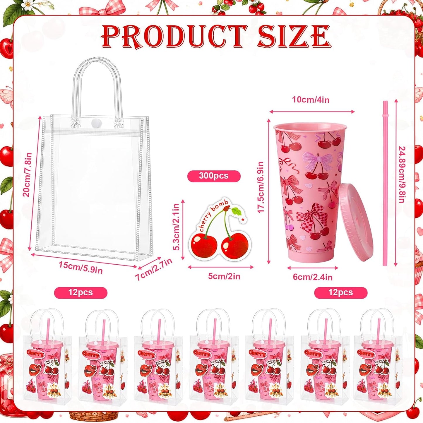 12 Set Checkered Bow Cherry Plastic Cups 16 oz Bow Cups with Lid and Straw, 12 Clear PVC Gift Bags, 300 Cute Stickers, Reusable Coquette Party Tumblers for Summer Wedding Gift(Pink)
