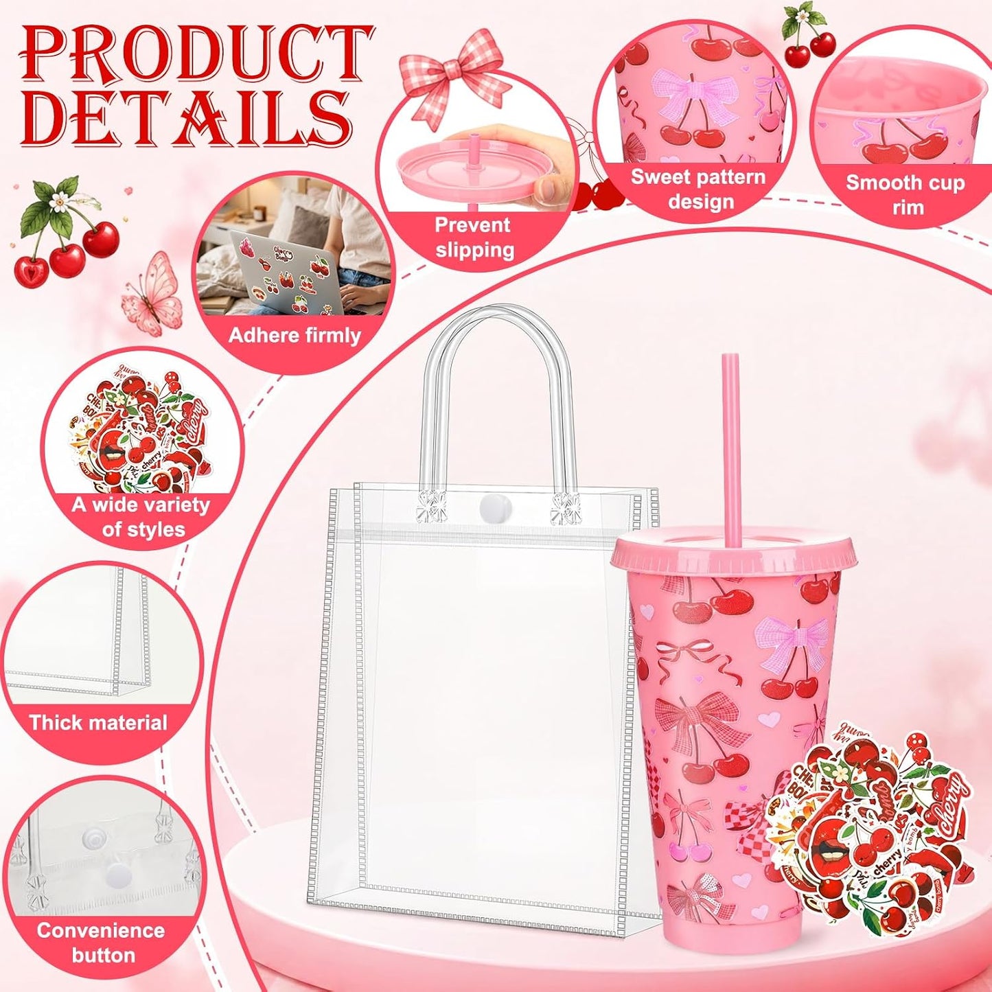 12 Set Checkered Bow Cherry Plastic Cups 16 oz Bow Cups with Lid and Straw, 12 Clear PVC Gift Bags, 300 Cute Stickers, Reusable Coquette Party Tumblers for Summer Wedding Gift(Pink)