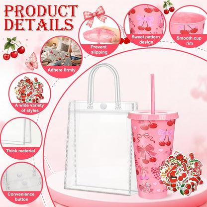 12 Set Checkered Bow Cherry Plastic Cups 16 oz Bow Cups with Lid and Straw, 12 Clear PVC Gift Bags, 300 Cute Stickers, Reusable Coquette Party Tumblers for Summer Wedding Gift(Pink)