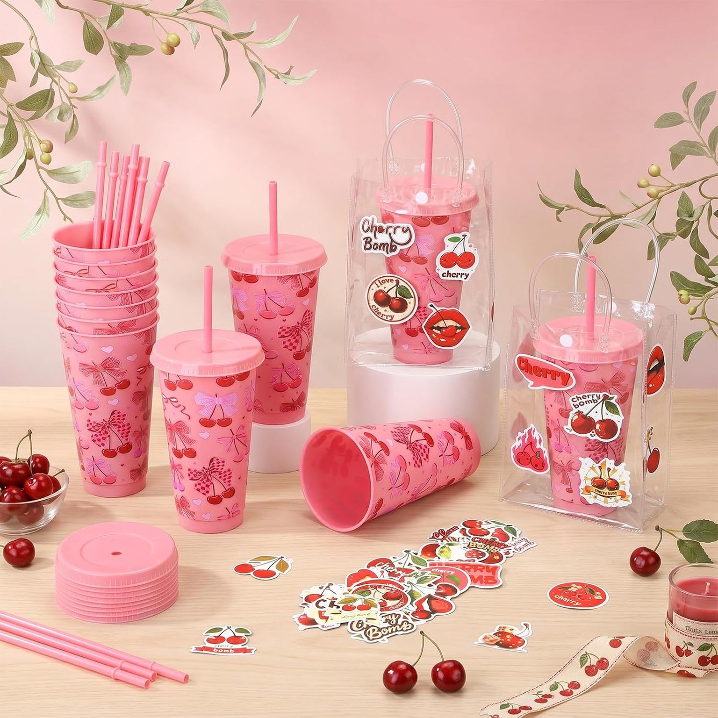 12 Set Checkered Bow Cherry Plastic Cups 16 oz Bow Cups with Lid and Straw, 12 Clear PVC Gift Bags, 300 Cute Stickers, Reusable Coquette Party Tumblers for Summer Wedding Gift(Pink)