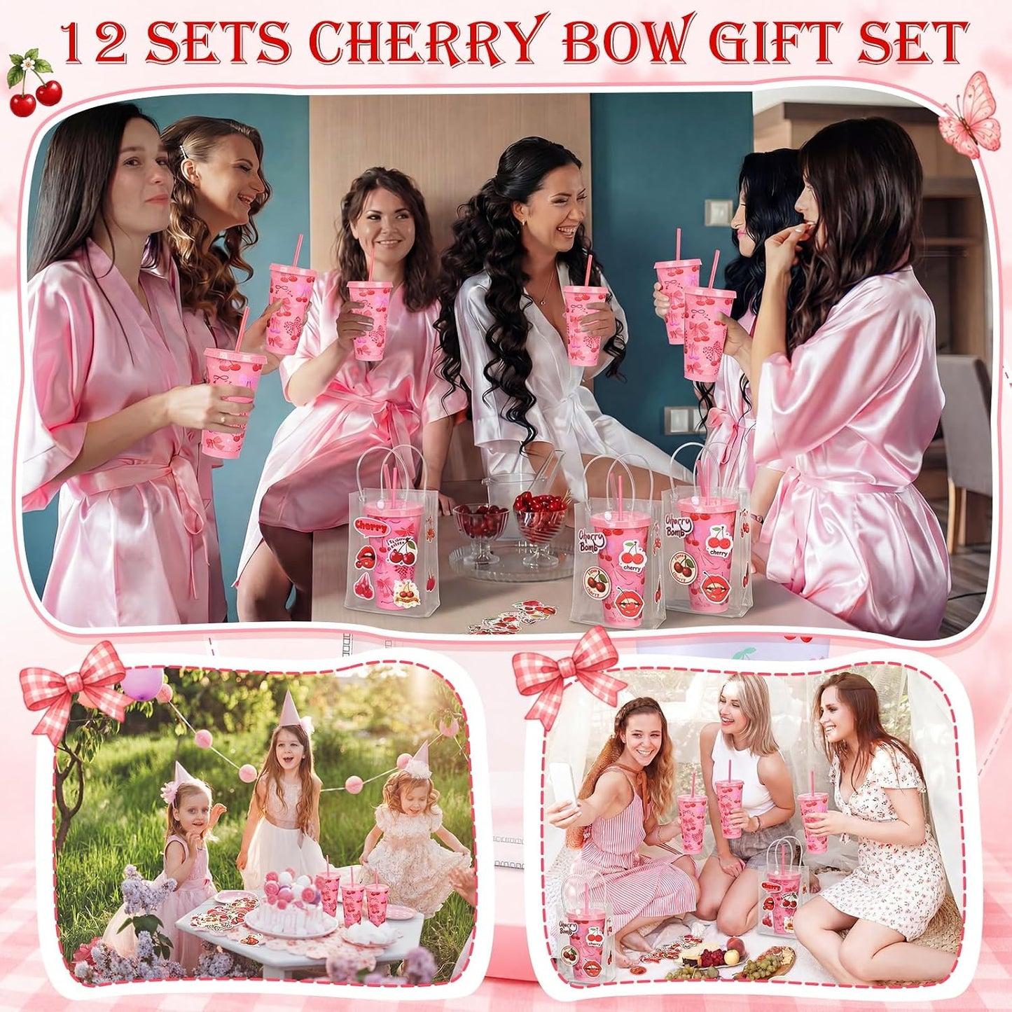 12 Set Checkered Bow Cherry Plastic Cups 16 oz Bow Cups with Lid and Straw, 12 Clear PVC Gift Bags, 300 Cute Stickers, Reusable Coquette Party Tumblers for Summer Wedding Gift(Pink)