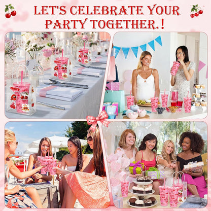 12 Set Checkered Bow Cherry Plastic Cups 16 oz Bow Cups with Lid and Straw, 12 Clear PVC Gift Bags, 300 Cute Stickers, Reusable Coquette Party Tumblers for Summer Wedding Gift(Pink)