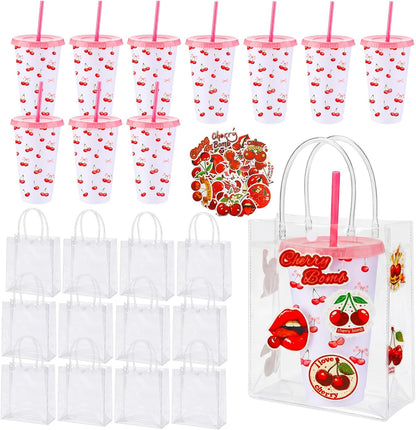 12 Set Checkered Bow Cherry Plastic Cups 16 oz Bow Cups with Lid and Straw, 12 Clear PVC Gift Bags, 300 Cute Stickers, Reusable Coquette Party Tumblers for Summer Wedding Gift(Pink)