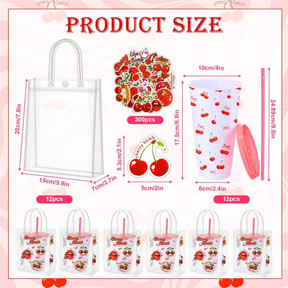 12 Set Checkered Bow Cherry Plastic Cups 16 oz Bow Cups with Lid and Straw, 12 Clear PVC Gift Bags, 300 Cute Stickers, Reusable Coquette Party Tumblers for Summer Wedding Gift(Pink)