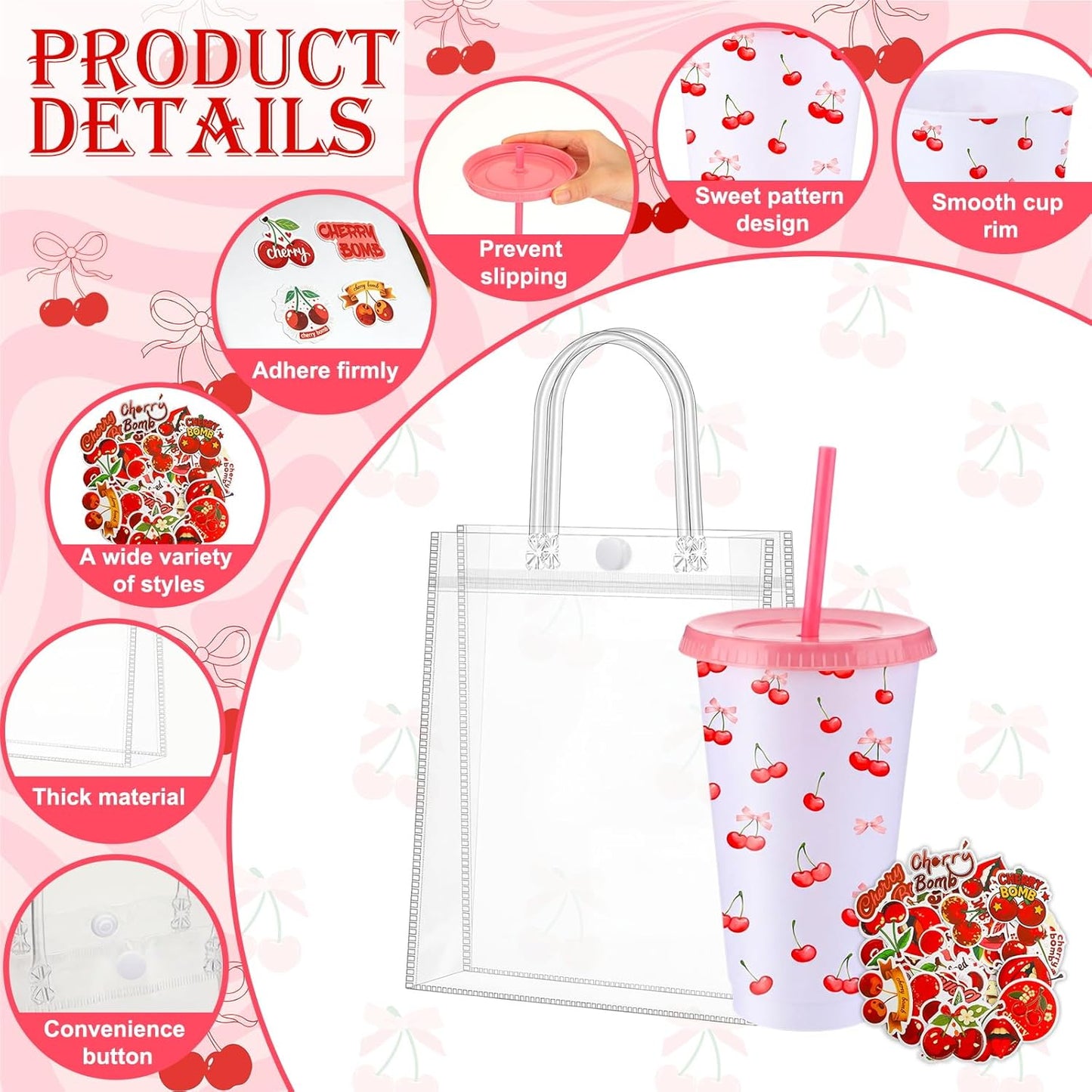 12 Set Checkered Bow Cherry Plastic Cups 16 oz Bow Cups with Lid and Straw, 12 Clear PVC Gift Bags, 300 Cute Stickers, Reusable Coquette Party Tumblers for Summer Wedding Gift(Pink)