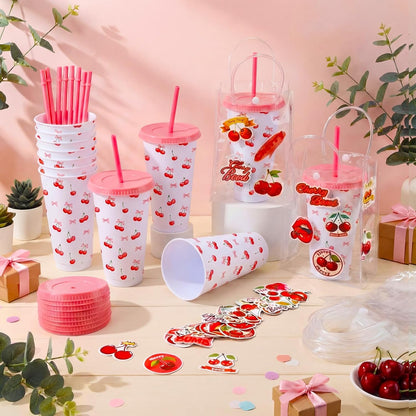 12 Set Checkered Bow Cherry Plastic Cups 16 oz Bow Cups with Lid and Straw, 12 Clear PVC Gift Bags, 300 Cute Stickers, Reusable Coquette Party Tumblers for Summer Wedding Gift(Pink)