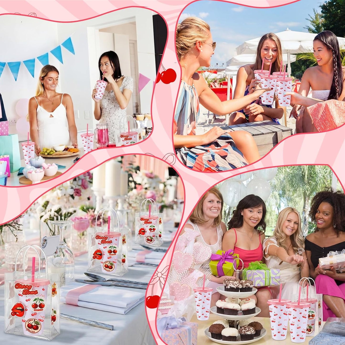 12 Set Checkered Bow Cherry Plastic Cups 16 oz Bow Cups with Lid and Straw, 12 Clear PVC Gift Bags, 300 Cute Stickers, Reusable Coquette Party Tumblers for Summer Wedding Gift(Pink)