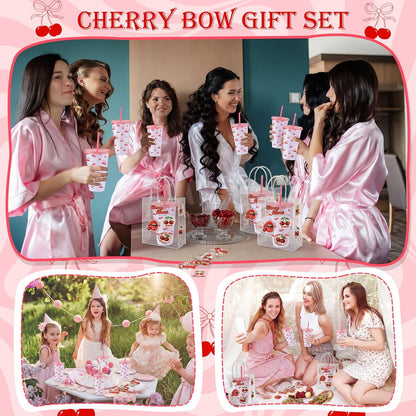 12 Set Checkered Bow Cherry Plastic Cups 16 oz Bow Cups with Lid and Straw, 12 Clear PVC Gift Bags, 300 Cute Stickers, Reusable Coquette Party Tumblers for Summer Wedding Gift(Pink)