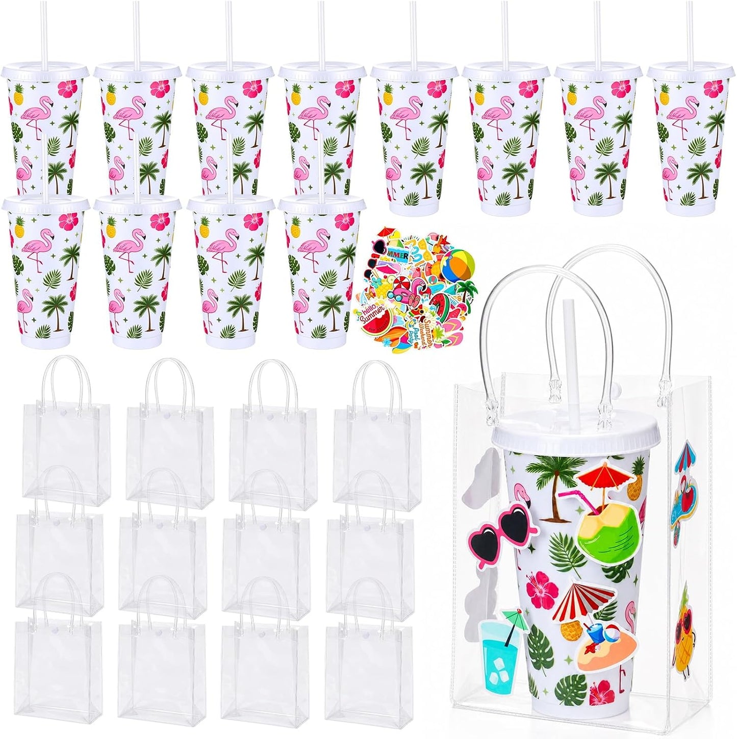 12 Set Checkered Bow Cherry Plastic Cups 16 oz Bow Cups with Lid and Straw, 12 Clear PVC Gift Bags, 300 Cute Stickers, Reusable Coquette Party Tumblers for Summer Wedding Gift(Pink)