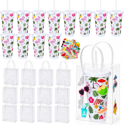 12 Set Checkered Bow Cherry Plastic Cups 16 oz Bow Cups with Lid and Straw, 12 Clear PVC Gift Bags, 300 Cute Stickers, Reusable Coquette Party Tumblers for Summer Wedding Gift(Pink)