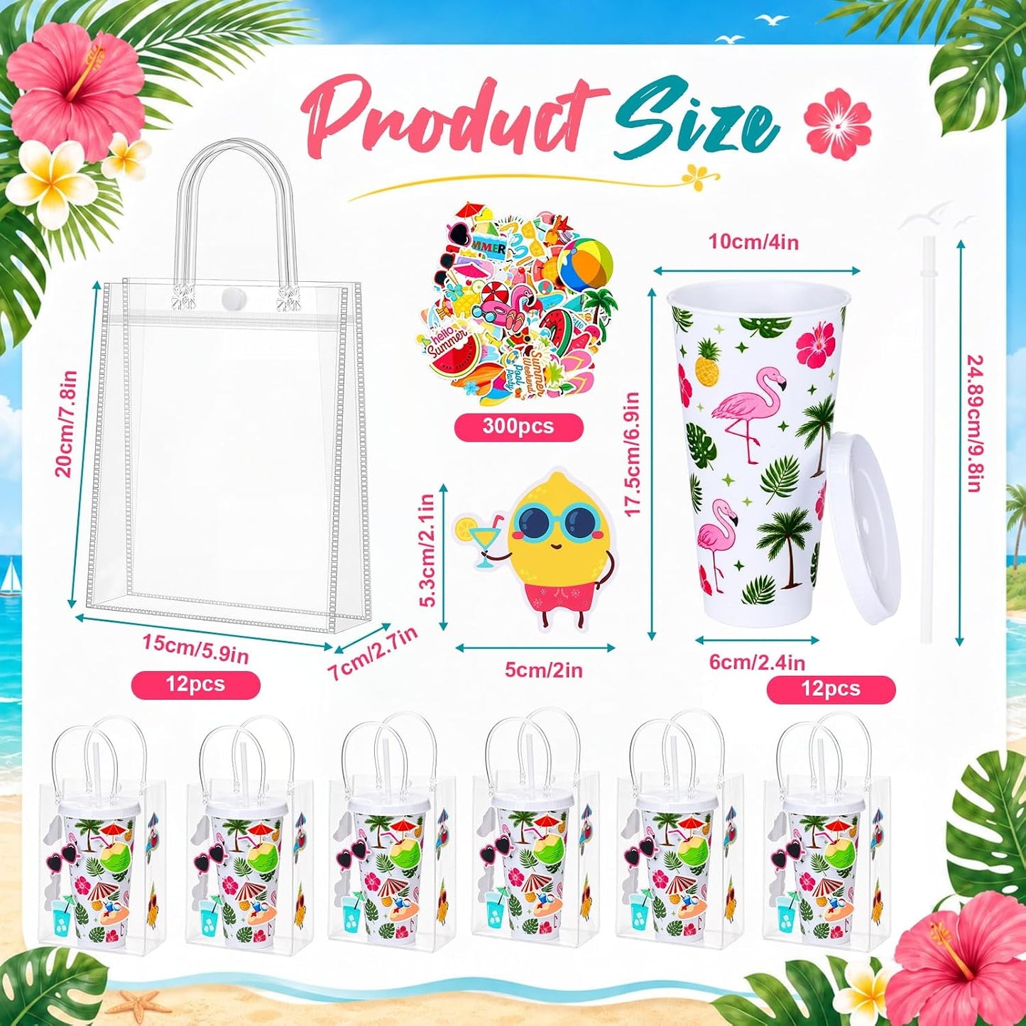 12 Set Checkered Bow Cherry Plastic Cups 16 oz Bow Cups with Lid and Straw, 12 Clear PVC Gift Bags, 300 Cute Stickers, Reusable Coquette Party Tumblers for Summer Wedding Gift(Pink)